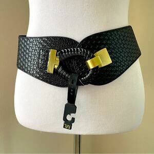 Black Chunky Gold Metal Buckle Woven Stretch Belt Statement Waist Cincher M/L